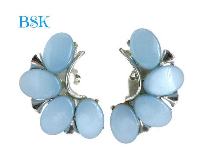 BSK Thermoset Earrings, Vintage Blue, Silver Tone Signed Designer Clip-on Earrings, Gift for Her, Gift Boxed