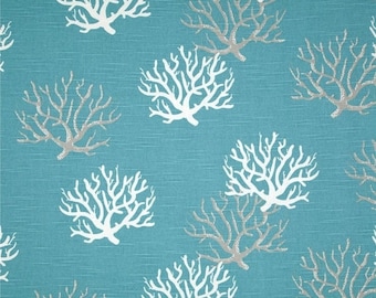 SHIPS SAME DAY Premier Prints Isadella Coastal Blue Slub Fabric by the yard - Coastal Blue, Grey and White Coral print fabric