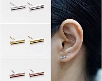 925 Sterling Silver Earrings, Bar Earrings, Gold Plated Earrings, Rose Gold Plated Earrings, Stud Earrings (Code : E44B)