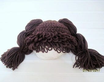 Newborn Hat, Cabbage Patch, Dark Brown, Baby Hat, Baby Doll Hat, Crochet Hat, Hat, Wig, Costume, Baby Costume, Baby Wig, Photo Prop, Pigtail