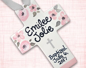 Cross for Baptism - Personalized Baptism Cross - Pink Blush and Gray - Baptism Gift Girl - Girl Baptism Gift Godparents