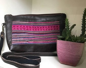 On Sale Dark brown cross body leather bag with pink vintage Hmong embroidery