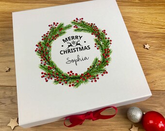 Personalised Christmas Eve Box, Wreath Xmas Eve Box, Christmas Gift For Kids, For Adults, Family, For Couples, Christmas Eve Crate Box 08