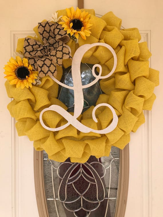 Yellow Sunflower Script letter L Burlap Wreath