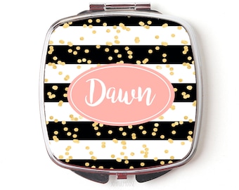Personalized Compact Mirror - Custom Cosmetic Mirror for Purse or Pocket - Black White Stripes Gold Glitter