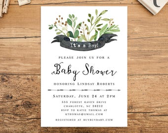 Green Woodland Baby Shower Invitation Download, Boy Baby Shower, Gender Neutral, Girl, Greenery Nature Woodland Baby Shower invite