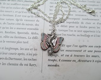 Silver seahorse necklace pink and blue butterfly