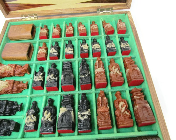 Vintage WWII Asian Chess Backgammon Set / Japanese Chessmen / Rare Chess Set Terracotta Army Chess Set