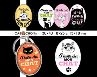 J'habite chez mon Chat • 45 Images Digitales OVALES 30x40 18x25 13x18 mm chat habiter maison roi chaton humour etoiles couronne patte