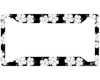 Tropical Flowers Hibiscus Black License Plate Frame, Flower License Plate Frame, License Plate Holder, Cute License Plate Frame-30-756