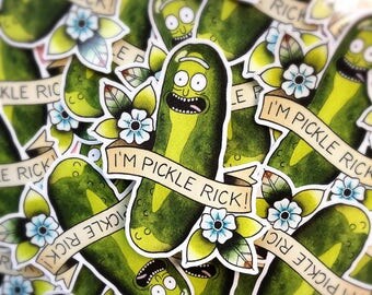 I'm Pickle Rick! Rick and Morty Die Cut Vinyl Sticker by Michelle Coffee
