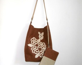 Safari tote and clutch set - chocolate brown linen and vintage Romanian beige macramé doily, handmade shoulder bag, vintage lace hobo bag