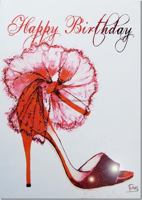Happy Birthday Greeting Card red glitter shoe high heel