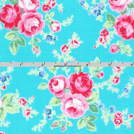Turquoise & Pink Roses Fabric Floral Quilt Fabric Lecien