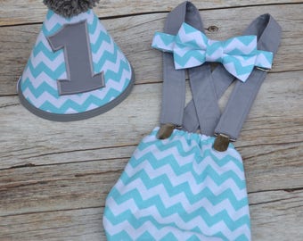 Boy Cake Smash Outfit, Boy 1st Birthday, Cake Smash Outfit, Party Outfit, Bow tie, Diaper Cover set, Smash Cake Outfit, Light aqua chevron