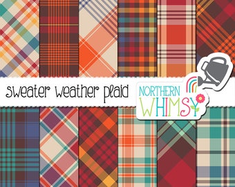 Fall Plaid Digital Paper - "Sweater Weather Plaid" - red, orange, gold, brown, teal & blue scrapbook paper - autumn tartan - commercial use