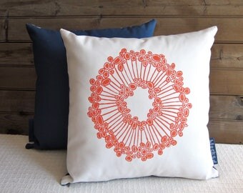18x18 Throw Pillow, Orange, Urchin, Hand Blocked Fabric, White, Blue, Decorative Pillow, Organic Cotton Pillow, Washable Pillow Cover, Gift