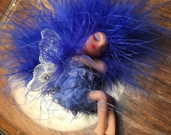 OOAK Fairy Sleeping Royal cobalt Blue Handmade Clay Art Doll