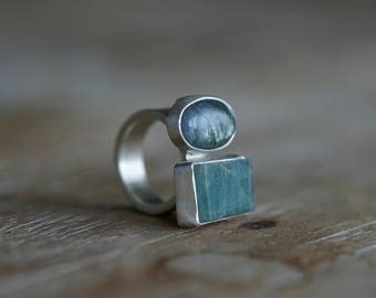 Aquamarine and tanzanite statement ring, size 6.5, power ring, geometrical ring, modernist ring, handmade unique ring, natural blue gemstone