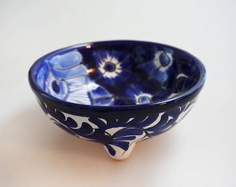 Talavera Mexican Hand Painted Ceramic Blue Salsa Dip Bowl