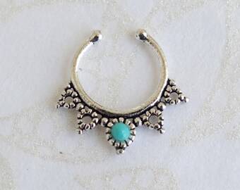 Sterling Silver Septum, Fake Septum Ring, Septum Clicker, Tribal Septum, Stone Septum Ring, Nose Ring, Fake Piercing, Nose Jewelry