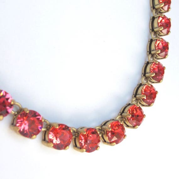 Sparkling Coral/Rosy color CRYSTAL NECKLACE with gunmetal finish ~pretty costume jewelry