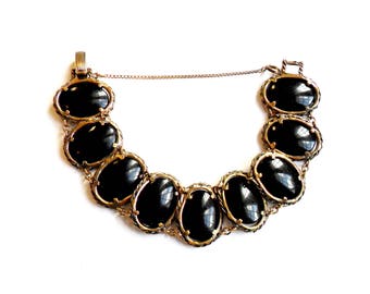 Vintage Crown Trifari Black Glass Bracelet Poured Glass Gripoix Renaissance Rope Prong Setting Rare Silver Gold Vermeil 1960s VTG