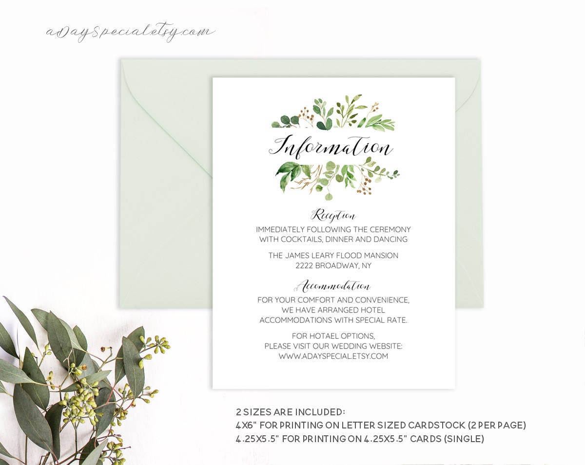 Greenery Wedding Information Card Template Printable Green