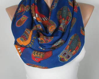 Owl Scarf Cat Scarf Bird Scarf Animal Scarf Cotton Blue Scarf Shawl Fashion Accessories Cat Lover Gift Gift For Her