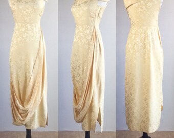 1920's Inspired Custard Yellow Satin Jacquard Ribbon Novelty Print Dress with Drapery Details | Size Small