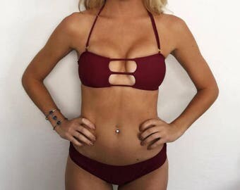 Medium "Maverick" Maroon Strappy Low Rise Brazilian Bikini Set (2 Piece Set)