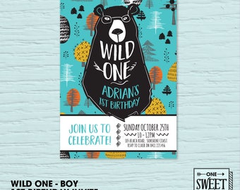 1st Birthday Invitation Boy, Blue Boy Printable Birthday Invitation, Wild One, Bear, Forest, Tribal, Bright fun, Kids Invite