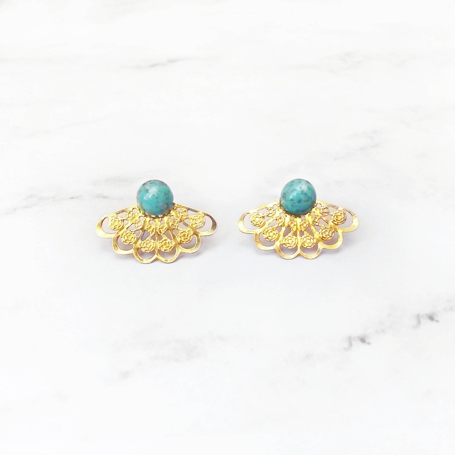 Turquoise lotus ear jackets Boho lace mint stone earrings