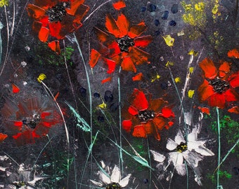 Poppies oil painting, abstract floral painting, red poppy painting, summer painting, night concept art, impressionistic art, FREE SHIPPING