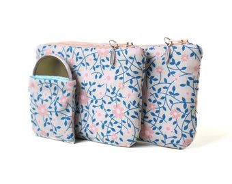 Trio Pack: wallet, glasses case, mirror in fabric patterns was pastel floral salmon pink leaves