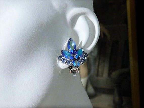 Mid Century Rhinestone Clip On Earrings Juliana DeLizza Elster for Sarah Coventry 1960s 60s Vintage Designer Fashion Jewelry Blue Lagoon