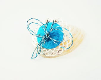 Brooch dragonfly, blue , silvery brooch, twisted wire, silvery metal pearls,blue and silvery support, unusual jewels .