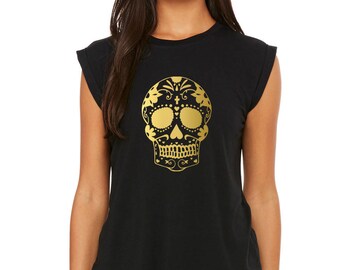 Day of the Dead Clothing - Women's Flowy Muscle Tee with Rolled Cuff - skull tank (8804) gold vinyl