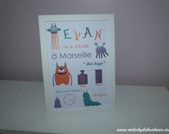 Personalized baby birth poster frame monsters kids room decoration