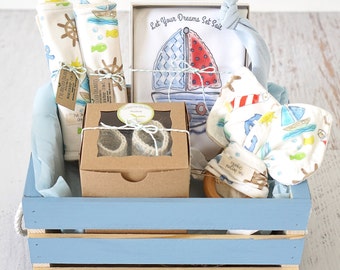 Baby Boy Gift Basket, Organic Gift Basket, Sailboat Theme, Baby Shower Gift, bodysuit, 2 wash/burp cloths, knot cap, teether, booties