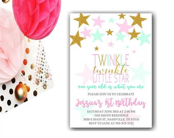 Twinkle Twinkle Little Star First Birthday Invitation | Pink And Gold Birthday | Girl 1st Birthday Invite | Girl First Birthday | Printable