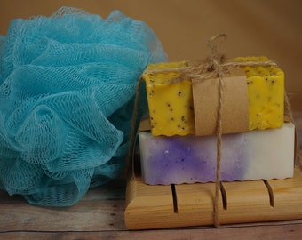 Soap -Gift Set- Natural Soap and Soap Dish with Bath Poof