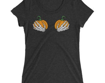 Women's Halloween Shirt with Pumpkin and skeleton hands - Halloween shirts for women Pumpkin Shirt Adult Skeleton shirt for Halloween Party