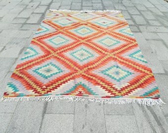 Pastel pink kilim rug, vintage rug, turkish kilim rug, area rug, pastel pink rug 8.8 x 5.9 ft, 270 x 180 cm