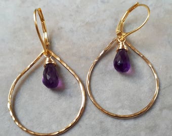 Amethyst earrings, Amethyst gold teardrop earrings, Teardrop amethyst earrings, gold amethyst earrings, teardrop hoops, purple earrings
