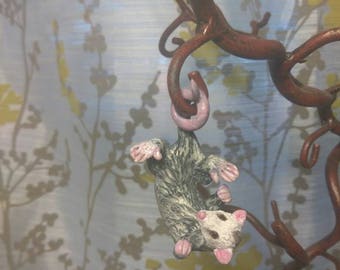 Hanging possum, opossum,adorable polymer clay pendant, necklace, charm, keychain