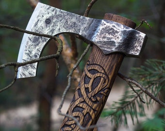 Hand Forged Viking Axe with hummer 1095 High Carbon Steel Leather Case, Viking Bearded Axe, Custom axe