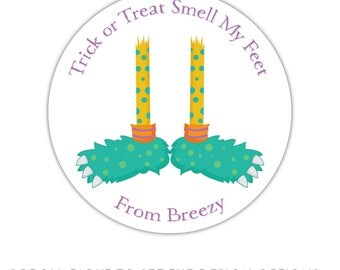 Personalized Halloween stickers, monster feet, treat labels, party favor sticker labels, Halloween favor tags, Halloween label stickers