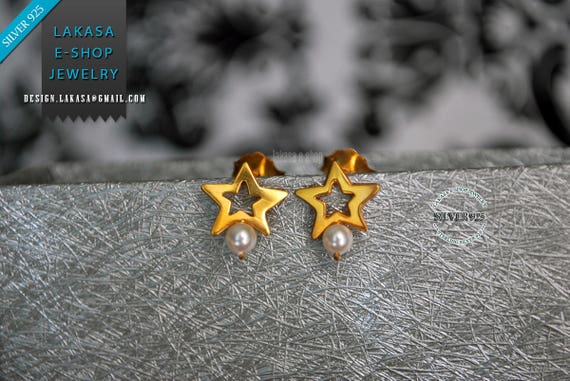 Freshwater Pearl Star Stud Earrings Sterling Silver Goldplated Greek Handmade Jewelry Birthday Gift Mother Girl Elegant Style Woman Blue Sky