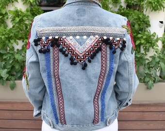 Embroidered denim jacket, Boho jean jacket, festival fashion, Embroidered jean jacket, Boho jean jacket, size S/M